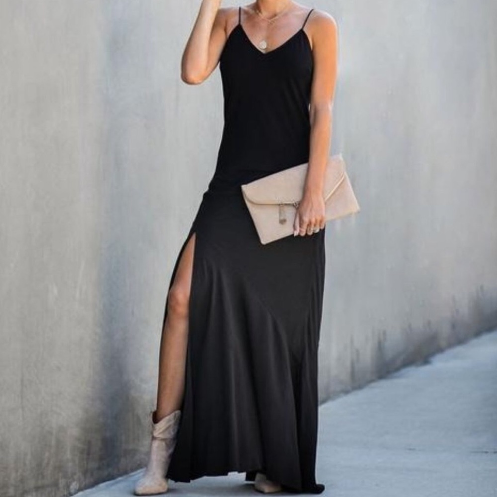 V neck side slit maxi cami dress
